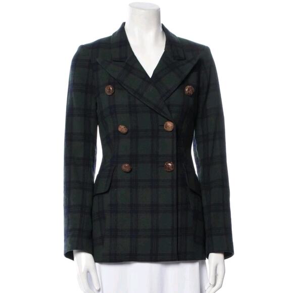 SMYTHE Plaid Wool Blend Blazer Jacket Size 6 Pointed Collar Navy/Green (V5